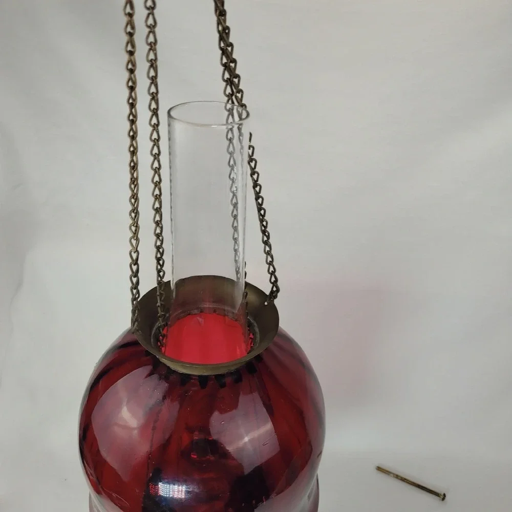 Antique Ruby Red Glass Hanging Oil Lamp Macbeth Pearl Glass Chimney Brass Trim